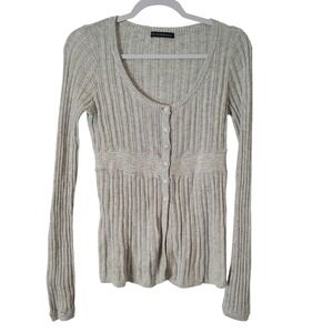 Brandy Melville Grey Ribbed Cardigan S Scoop Neck Babydoll Angora Y2K Bella Swan